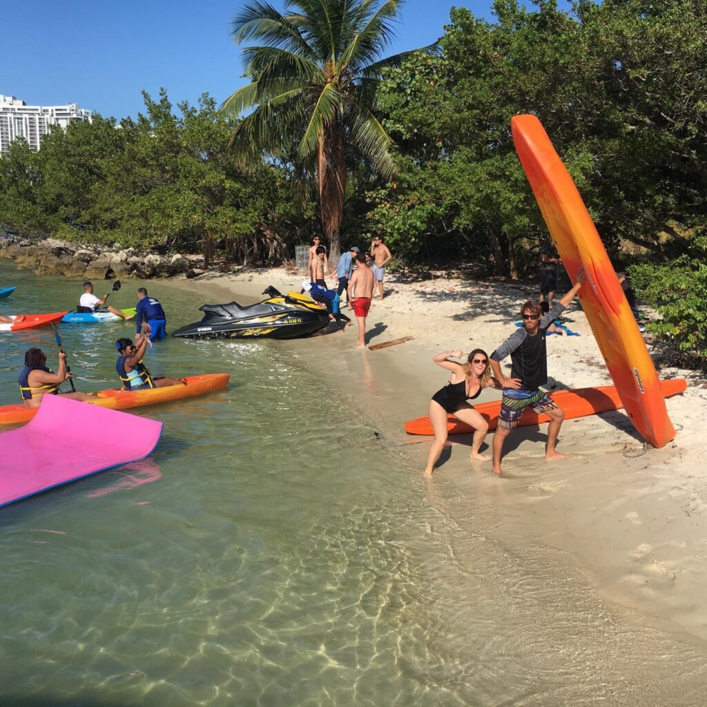 a group of people on a raft in the water